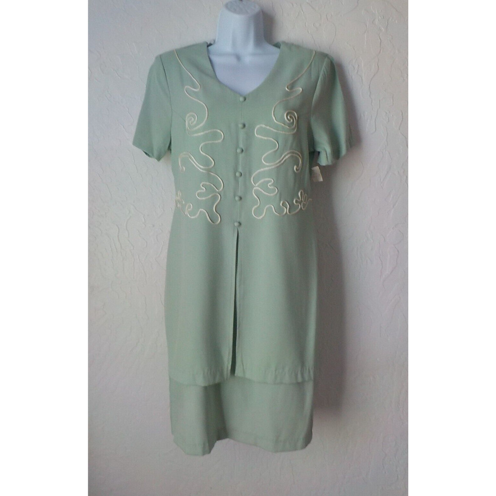 Vintage CC Studio Soft Green Midi Dress Women size 6 Layered Embroidery Zip Up